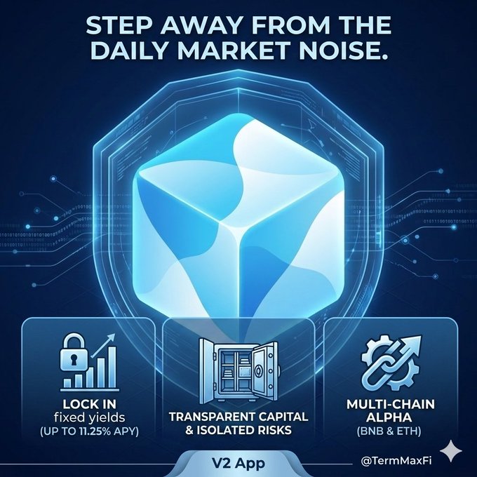 The image features a blue cube with white text that says "Step away from daily market noise" and provides information about the V2 App, which is designed to help users manage their DeFi portfolio by providing real-time updates on market trends and risk indicators. The app also offers tools for managing locked funds, yielding data, and monitoring the value of cryptocurrency assets.
