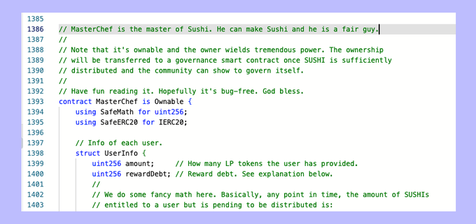 The image shows Solidity smart contract code for the MasterChef contract (lines 1385-1403), which is the foundational code that powers SushiSwap's DeFi farming yield system. The code displays the contract declaration with imports for SafeMath and IERC20, and defines a `UserInfo` struct tracking LP token amounts and reward debt—exactly the "pioneering defi farms" infrastructure referenced in the caption, contrasting Sushi's original technical innovation with its later shift toward promotional content creation.
