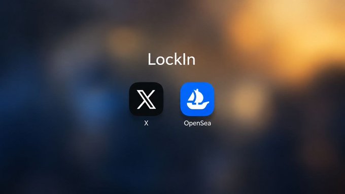 The image shows a "LockIn" screen featuring the X (formerly Twitter) and OpenSea app icons against a blurred blue and orange background. It visually represents the call to action to "lock in" on OpenSea for trading Solana NFTs, aligning with the post's announcement about Solana NFTs now being live on the platform.