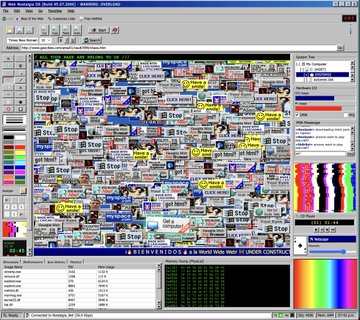A screenshot of a photo editing software interface filled with various buttons, stickers, and sample images, showing a busy workspace.