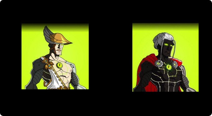 Two illustrated character designs on a green background: one wearing a winged helmet and armor, and another with white hair and glowing green eyes in a red cape.