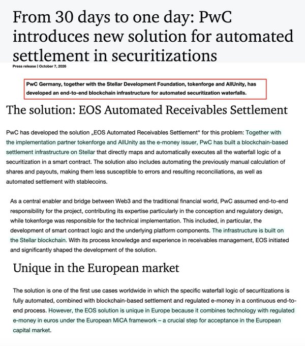 A press release titled "From 30 days to one day: PwC introduces new solution for automated settlement in securitizations," highlighting PwC Germany's partnership with Stellar Development Foundation, tokenforge, and AllUnity to develop the "EOS Automated Receivables Settlement" on Stellar.