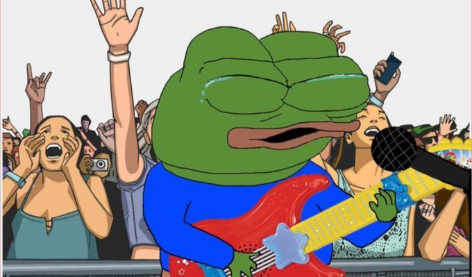 A cartoon Pepe the Frog playing a red electric guitar on stage with closed, crying eyes while a crowd cheers behind a barrier, with fans holding up phones and making the 'rock on' hand gesture.