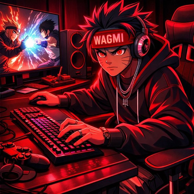An anime-style illustration depicts a gamer wearing a red headband labeled 'WAGMI' and headphones, intensely playing on a glowing red keyboard while a monitor displays a fighting game scene featuring Naruto characters.