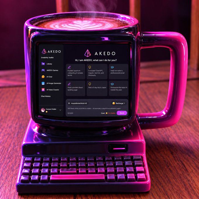 A coffee mug cleverly merged with a computer monitor and keyboard displays the "AKEDO" AI assistant interface ("Hi, I am AKEDO, what can I do for you?"), steaming latte art on top—branded as "Akepresso" to riff on "Ake + Espresso" in a playful tech-cafe crossover.