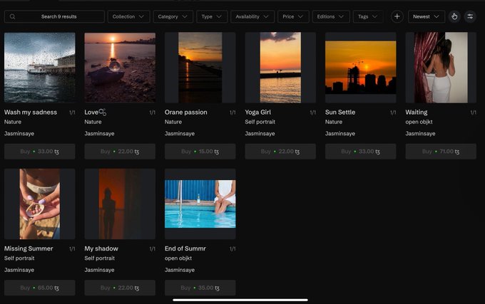 A digital art marketplace displays various photographs by artist Jasminasaye, including 'Wash my sadness,' 'Love,' 'Orane passion,' and others with prices listed in te̋.