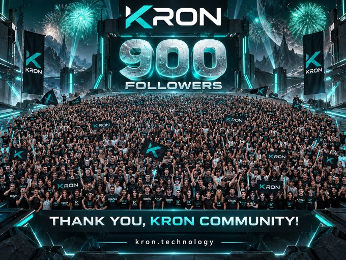A celebratory graphic for "KRON" showing a large crowd with the text "900 FOLLOWERS" and "THANK YOU, KRON COMMUNITY!" along with the website "kron.technology".