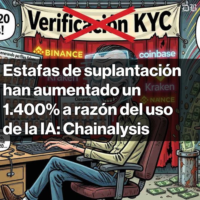 A Spanish-language graphic with an illustration of a person at a computer, displaying the headline 'Estafas de suplantación han aumentado un 1.400% a razón del uso de la IA: Chainalysis' alongside crypto exchange logos like Binance, Coinbase, and Kraken.