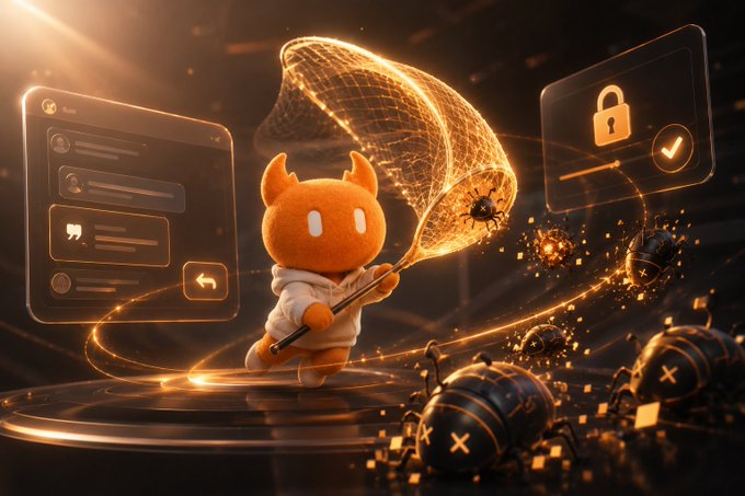 A 3D-rendered orange cartoon character with horns holds a glowing net, catching small bug-like creatures near a padlock icon and a chat window.