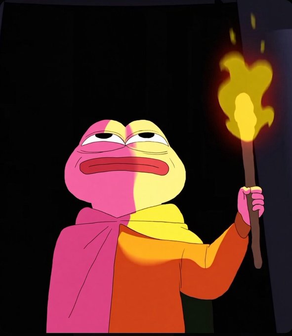 An animated frog character wearing a pink and yellow hooded cape, holding a lit torch in a dark setting.