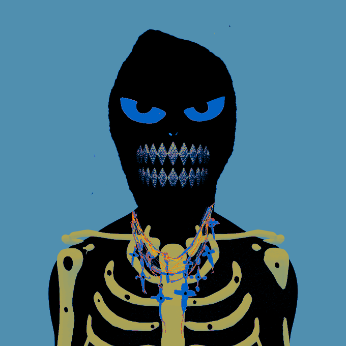Stylized digital illustration of a menacing black figure with glowing blue eyes, sharp teeth, and a visible yellow ribcage skeleton against a bright blue background.