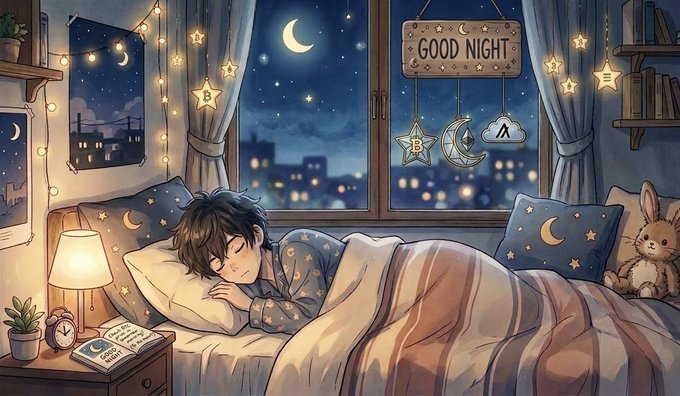 The image features a boy sleeping peacefully in bed, surrounded by stars and crescent moon decorations that create a starry night atmosphere. The scene also includes a clock on the wall next to the bed, as well as a teddy bear sitting nearby. The image is related to the post "Good Night everyone! One step closer to the future of Web3 with @NomismaNetwork and @useTria Rest well and keep building." because it portrays a cozy and comfortable environment for restful sleep, which is often associated with relaxation and tranquility in the context of the ongoing technological advancements and innovations in the world of cryptocurrency.