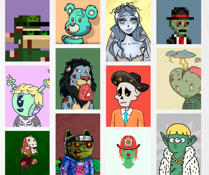 A collage of 12 cryptopunk-style digital art avatars featuring various characters including bears, zombies, skeletons, and aliens with colorful backgrounds.