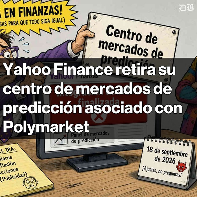 An illustration depicting a character removing a 'Centro de mercados de predicción' sign from a screen, overlaid with text announcing that 'Yahoo Finance retira su centro de mercados de predicción asociado con Polymarket'.