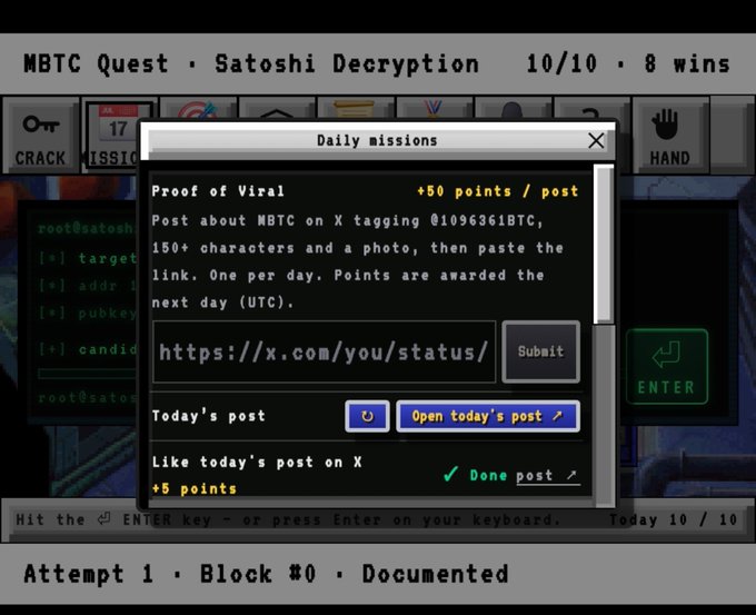 A retro-styled game interface titled 'NBTC Quest - Satoshi Decryption' with 10/10 progress and 8 wins, showing a 'Daily missions' dialog for 'Proof of Viral' tasks including posting about NBTC on X.