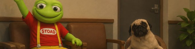 A scene featuring the M&M's 'Green' mascot wearing a red shirt with 'STOAD' printed on it, sitting next to a pug dog on a couch.