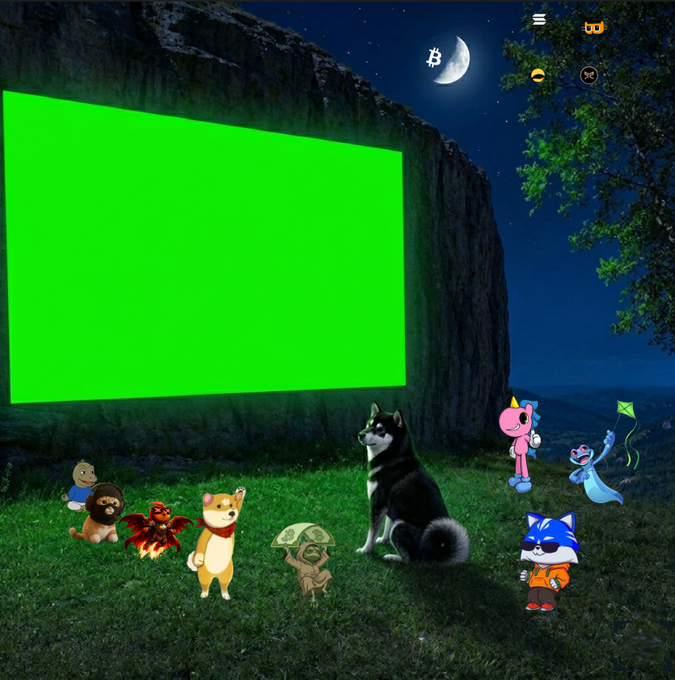 The image features a green screen with a cartoon character sitting next to a black dog, surrounded by other cartoon characters such as a cat, a bird, and a rabbit. The scene appears to be set outdoors at night, with a rock formation visible in the background. The caption of the image reads "$LUNC".