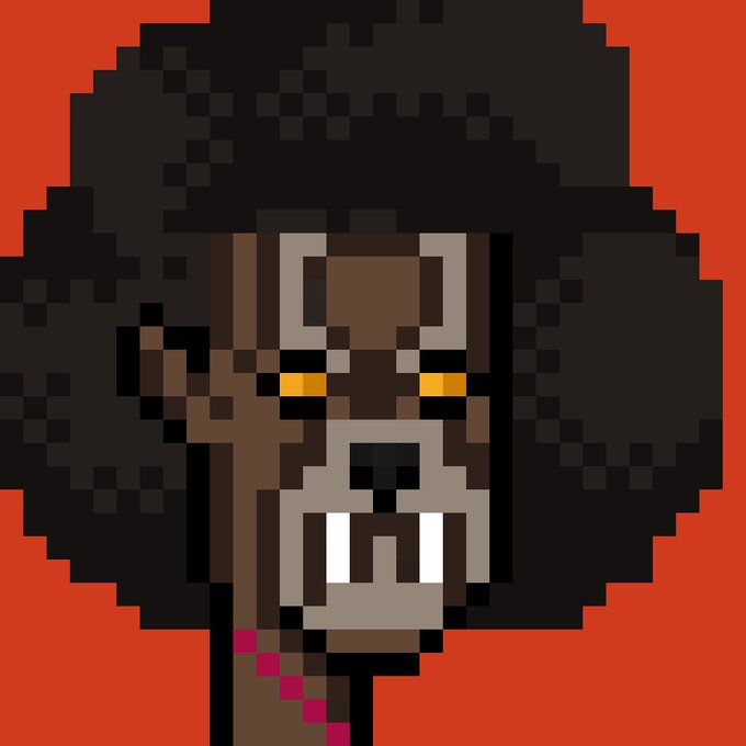 Pixel art illustration of a menacing monkey-like face with a large black afro, glowing yellow eyes, and bared teeth, set against a solid orange background.