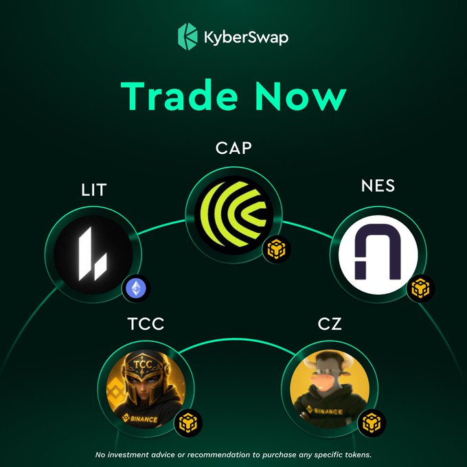 KyberSwap "Trade Now" promotional graphic highlighting newly available tokens LIT, CAP, NES, TCC, and CZ with their respective logos, supporting the post's announcement of new token listings available for swap and limit orders on kyberswap.com.