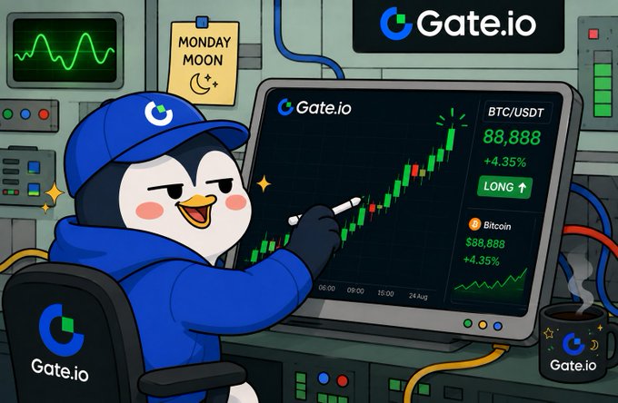A Gate.io promotional image features a penguin mascot wearing a blue cap, sitting at a computer displaying a BTC/USDT chart with price at $88,888 (+4.35%), with a 'Monday Moon' sticky note on the wall.