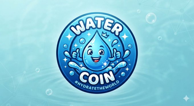 A logo for 'WATER COIN' featuring a smiling water droplet character giving two thumbs up, with the tagline '#HYDRATETHEWORLD' against a light blue watery background.