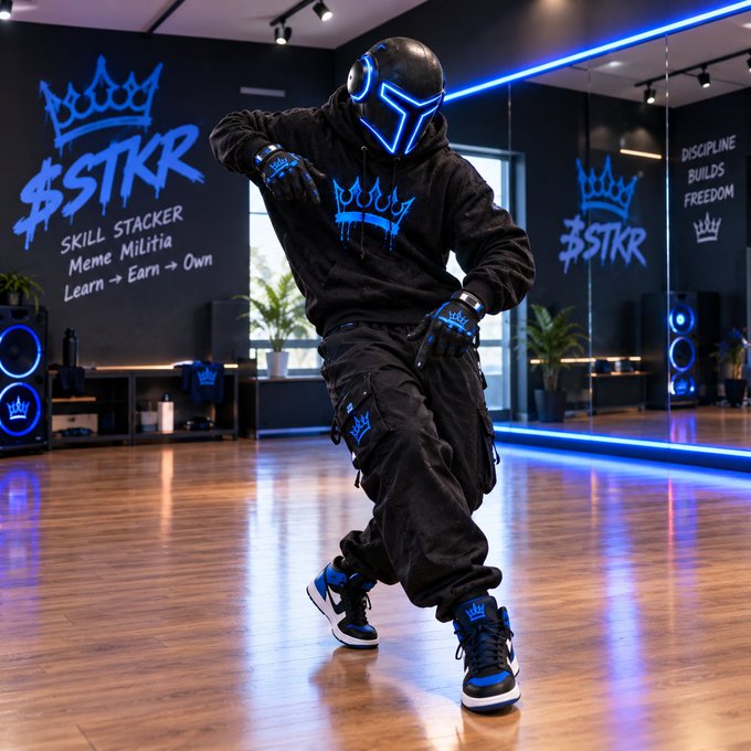 A person in a black hoodie and helmet with a glowing blue LED visor posing in a studio, with "$STKR" graffiti-style graphics on the walls reading "SKILL STACKER, Meme Militia, Learn -> Earn -> Own" and "DISCIPLINE BUILDS FREEDOM".