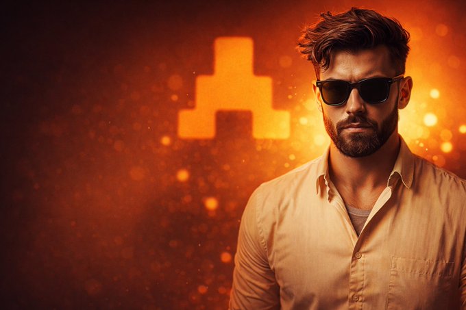 The image features a man wearing sunglasses, a white shirt, and a beard. He appears to be posing for a photo or portrait. The background of the image has an orange glow, which creates a warm and vibrant atmosphere. There are also some text elements in the image that read "GM Crew One" and "proof of creativity".