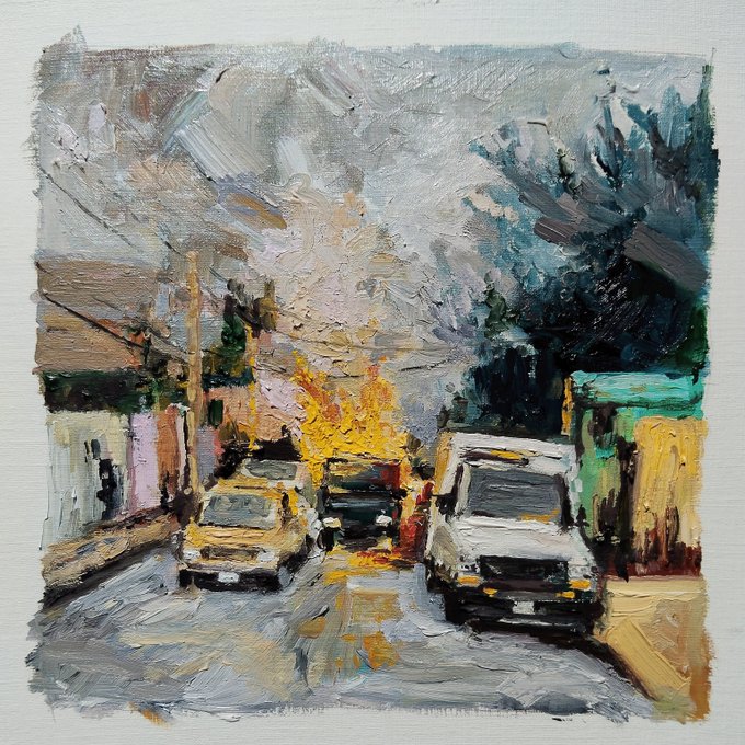 An impressionistic oil painting depicting a city street scene with cars, featuring thick brushstrokes and a muted color palette dominated by greys, yellows, and dark greens.