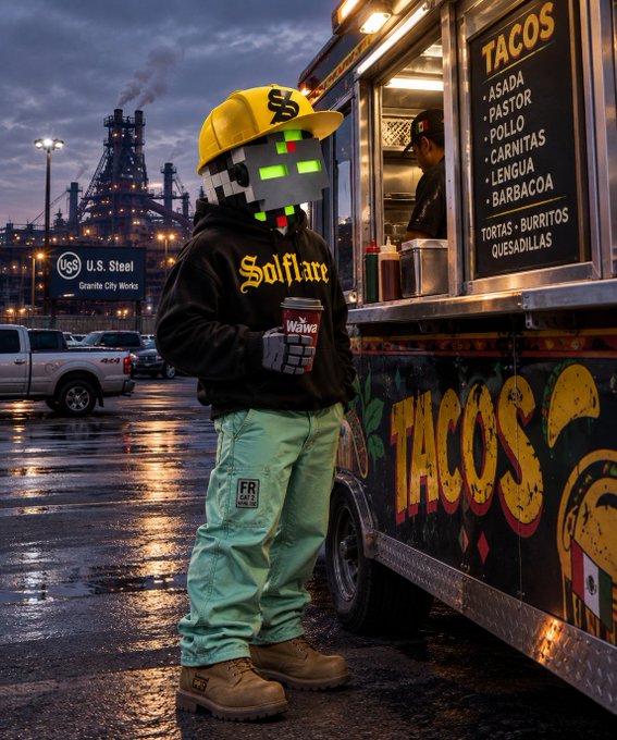 A Minecraft-style blocky character wearing a yellow 'Solflare' cap and hoodie, holding a coffee, standing at a taco truck with a menu listing Asada, Pastor, Pollo, Carnitas, Lengua, and Barbacoa.