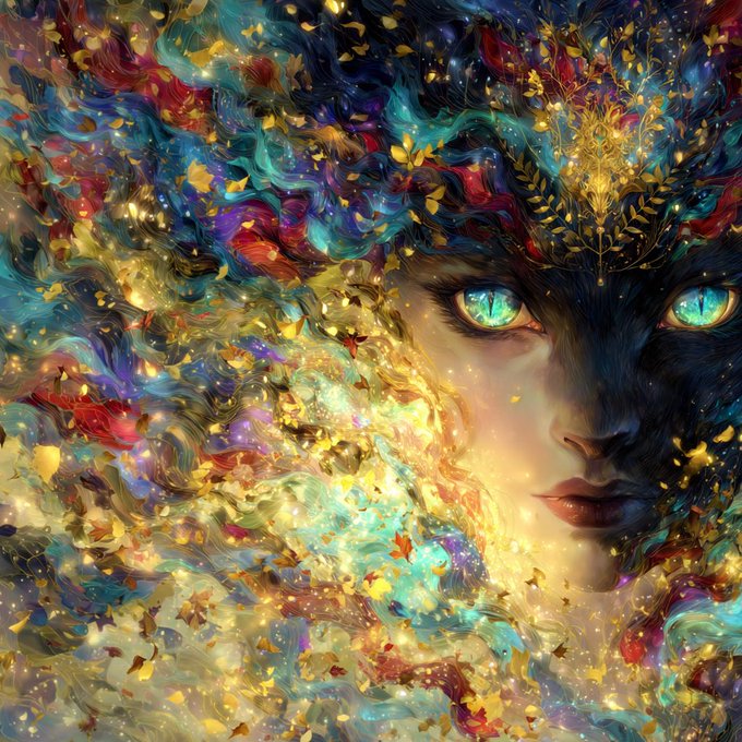 A vibrant, fantastical portrait of a woman's face with striking teal eyes, surrounded by swirling colorful hair that blends into cosmic, leafy, and aquatic elements.
