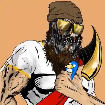 A stylized cartoon illustration depicts a bearded figure wearing yellow sunglasses and a beanie, holding a red scythe and a blue cartoon bird character.