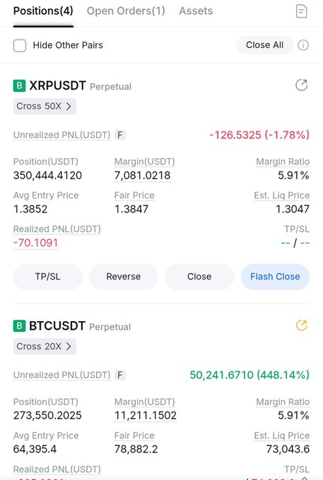A cryptocurrency trading app showing positions for XRPUSDT Perpetual (unrealized PNL -126.5325) and BTCUSDT Perpetual (unrealized PNL 50,241.6710).