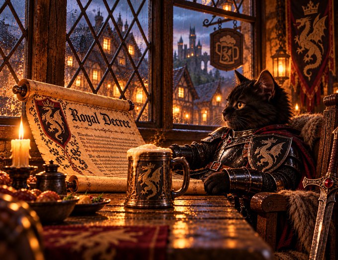 A fantasy illustration shows a cat dressed in medieval armor sitting at a table with a 'Royal Decree' scroll and a dragon-emblazoned mug, with a castle visible through a rainy window.