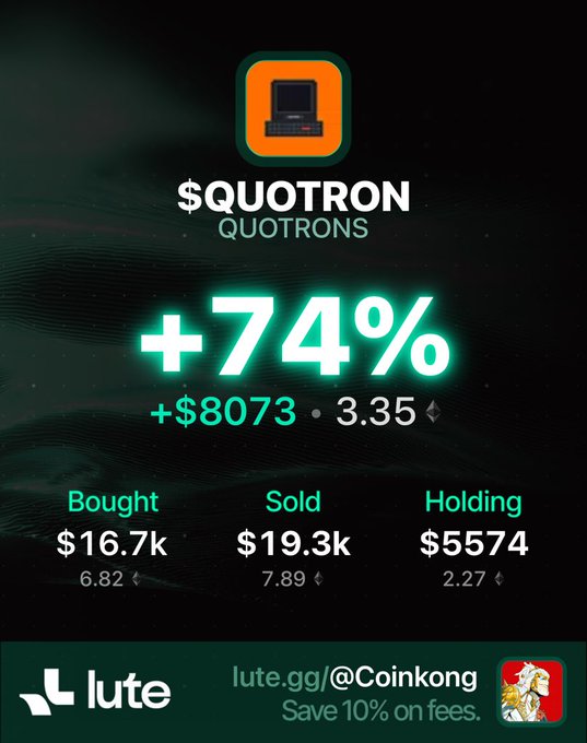 A digital screenshot showing crypto gains of '+74%' or '+$8073' for the ticker '$QUOTRON', with stats for Bought, Sold, and Holding, credited to lute.gg/@Coinkong.