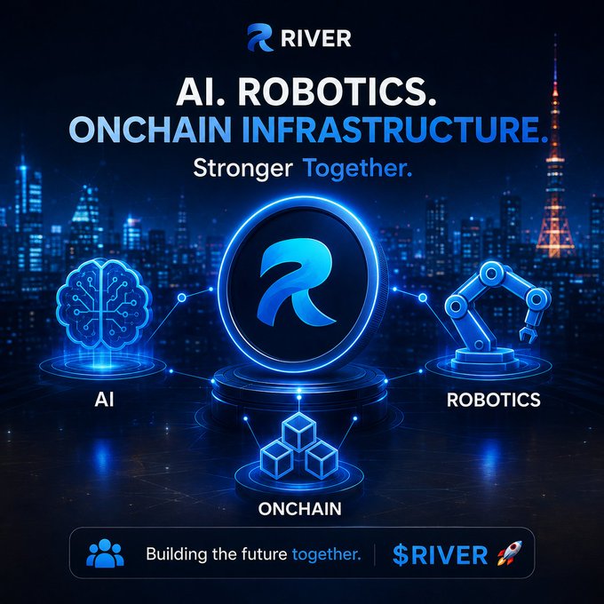 Promotional graphic for RIVER featuring 'AI. ROBOTICS. ONCHAIN INFRASTRUCTURE. Stronger Together.' with icons for AI (brain), Robotics (robotic arm), and Onchain (blocks) set against a Tokyo skyline with Tokyo Tower.