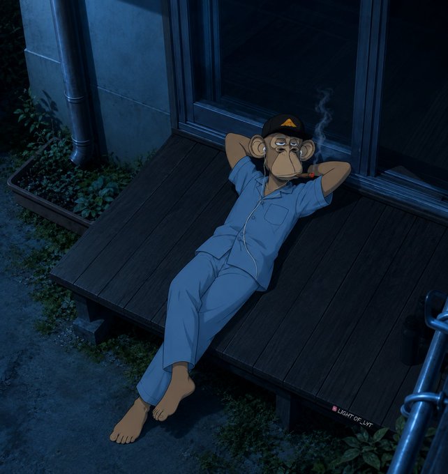 A digital illustration of a monkey wearing blue pajamas and a cap, smoking a cigar while relaxing on a wooden deck at night, with the watermark "LIGHT OF_LYT" visible.