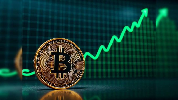 A gold Bitcoin coin standing upright on a reflective surface, with a green candlestick chart showing an upward trend in the background.