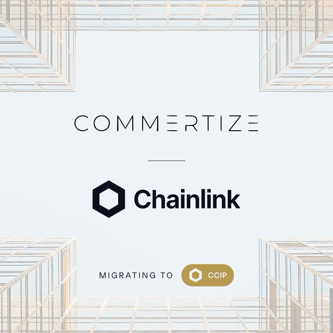 A promotional graphic with the text 'COMMERTIZE', 'Chainlink', and 'MIGRATING TO CCIP' displayed on a light background with wireframe cube illustrations.