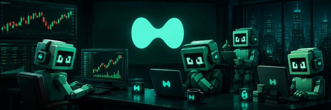 The image features a teal-tinted, futuristic trading scene with blocky robot characters sitting at desks working on laptops displaying the "H" HypeTrade logo, with a large glowing HypeTrade emblem in the background and stock/crypto candlestick charts on screens behind them.

The image aligns with the post's promotional giveaway for HypeTrade, visually reinforcing the platform's automated, AI-driven trading aesthetic to attract participants to its free mint of 3,333 NFTs on the HYPE chain.