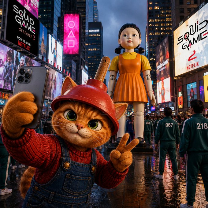 A digital illustration of an orange cat in a red plunger hat taking a selfie in a city setting with 'Squid Game Season 2 Now Playing Netflix' billboards and a large doll figure in the background.