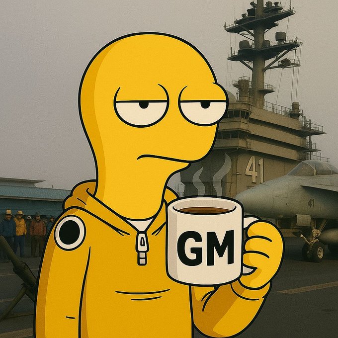 A cartoon yellow character holding a 'GM' coffee mug in front of a naval aircraft carrier deck with military jets and personnel visible in the background.