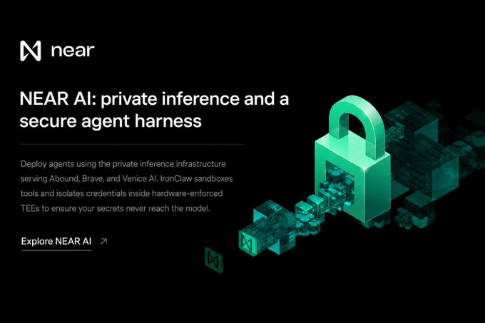 The image is a promotional banner for NEAR AI, featuring the NEAR Protocol logo and the headline "NEAR AI: private inference and a secure agent harness," alongside a green 3D padlock graphic symbolizing security. The text describes deploying agents via TEEs that isolate credentials for AI platforms like Abound, Brave, and Venice, which directly reinforces the post's message about $NEAR protecting private data through hardware-enforced sandboxes.