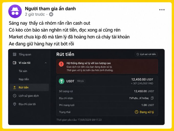 A Vietnamese-language social media post about cryptocurrency market volatility, featuring a screenshot of a withdrawal screen for 12,450.00 USDT (approx. 301,245,000 VND) currently 'Đang xử lý' (Processing).