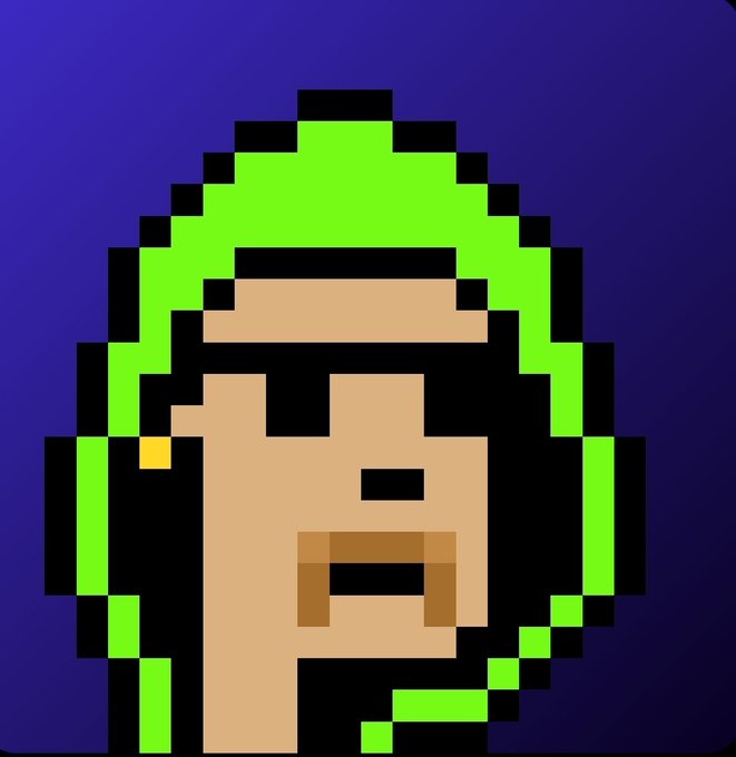 A pixel art avatar of a character with bright green hair, wearing a black bandana and a gold earring, set against a dark purple background.