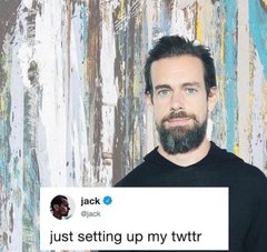 Photo of Twitter co-founder Jack Dorsey with an overlaid tweet reading 'just setting up my twttr'.