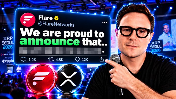 A promotional graphic shows a man speaking into a microphone next to a Flare Networks (@FlareNetworks) tweet mockup at the XRP SEOUL 2025 event.