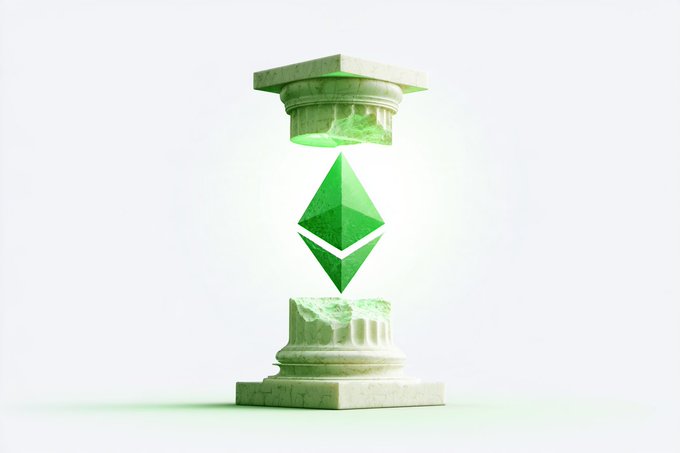 A 3D illustration of a green Ethereum logo split between two classical stone pillar bases, floating against a white background.