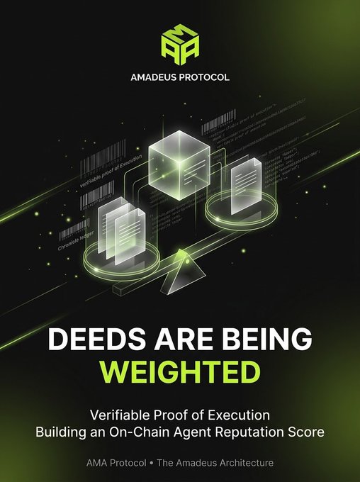 A promotional graphic for 'AMADEUS PROTOCOL' featuring the text 'DEEDS ARE BEING WEIGHTED' and 'Verifiable Proof of Execution: Building an On-Chain Agent Reputation Score' against a dark, tech-themed background.