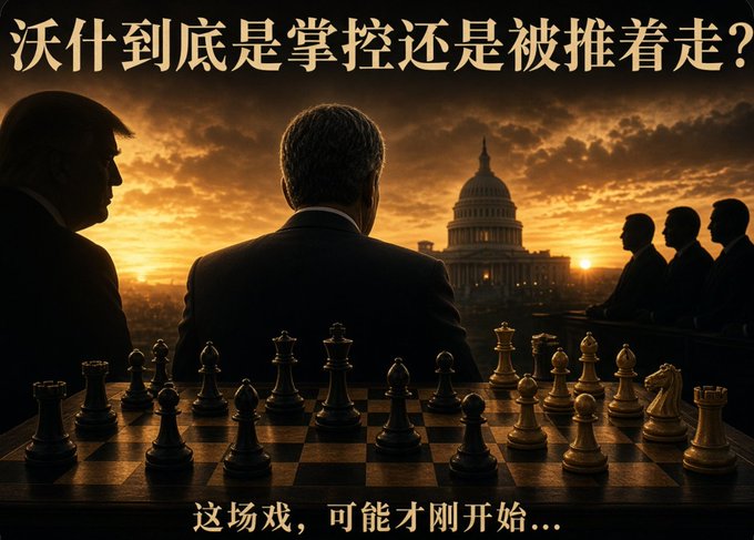 A dramatic, cinematic image showing silhouettes of figures facing the U.S. Capitol building at sunset with a chessboard in the foreground, overlaid with Chinese text reading '沃什到底是掌控还是被推着走？' and '这场戏，可能才刚开始...' asking about control and the beginning of a showdown.