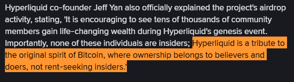 The image shows an orange text box with black background, which contains information about Hyper Liquid co-founder Jeff Yan's project. The text explains that Jeff Yan also officially explained the project's airdrop activity, stating that it encourages members to see ten thousands of community gain life changing wealth during Hyper Liquid's Genesis event. 
The image also includes a caption below the text box, which reads: "Dont be surprised when Hyperliquid does another airdrop and you'r leftsided." This suggests that the project is designed to benefit the community by providing them with cryptocurrency, and it is expected that they will gain from participating in the project.